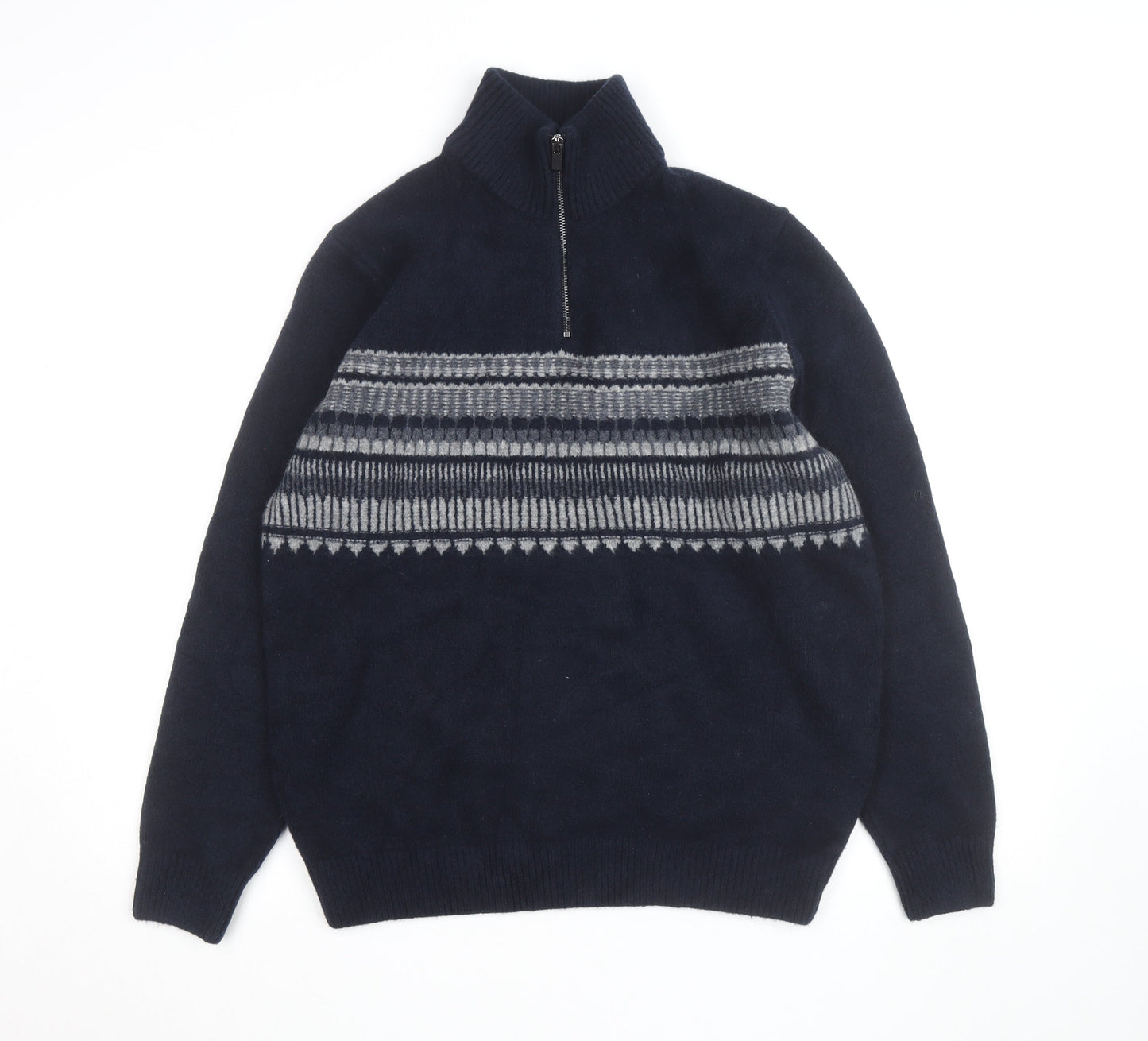 Marks and Spencer Men’s Blue Fair Isle 1/2 Zip Wool Blend Jumper L