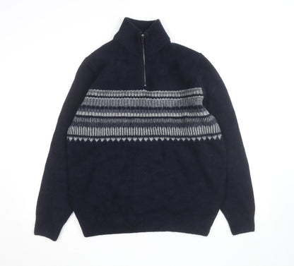 Marks and Spencer Men’s Blue Fair Isle 1/2 Zip Wool Blend Jumper L