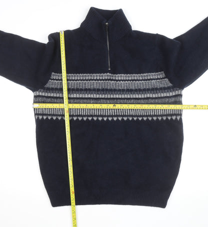 Marks and Spencer Men’s Blue Fair Isle 1/2 Zip Wool Blend Jumper L