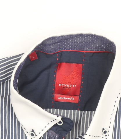 Benetti Men's Blue Striped Long Sleeve Dress Shirt L Regular Fit