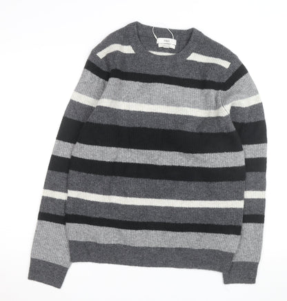 Marks and Spencer Men's Grey Striped Wool Blend Crew Neck Jumper M