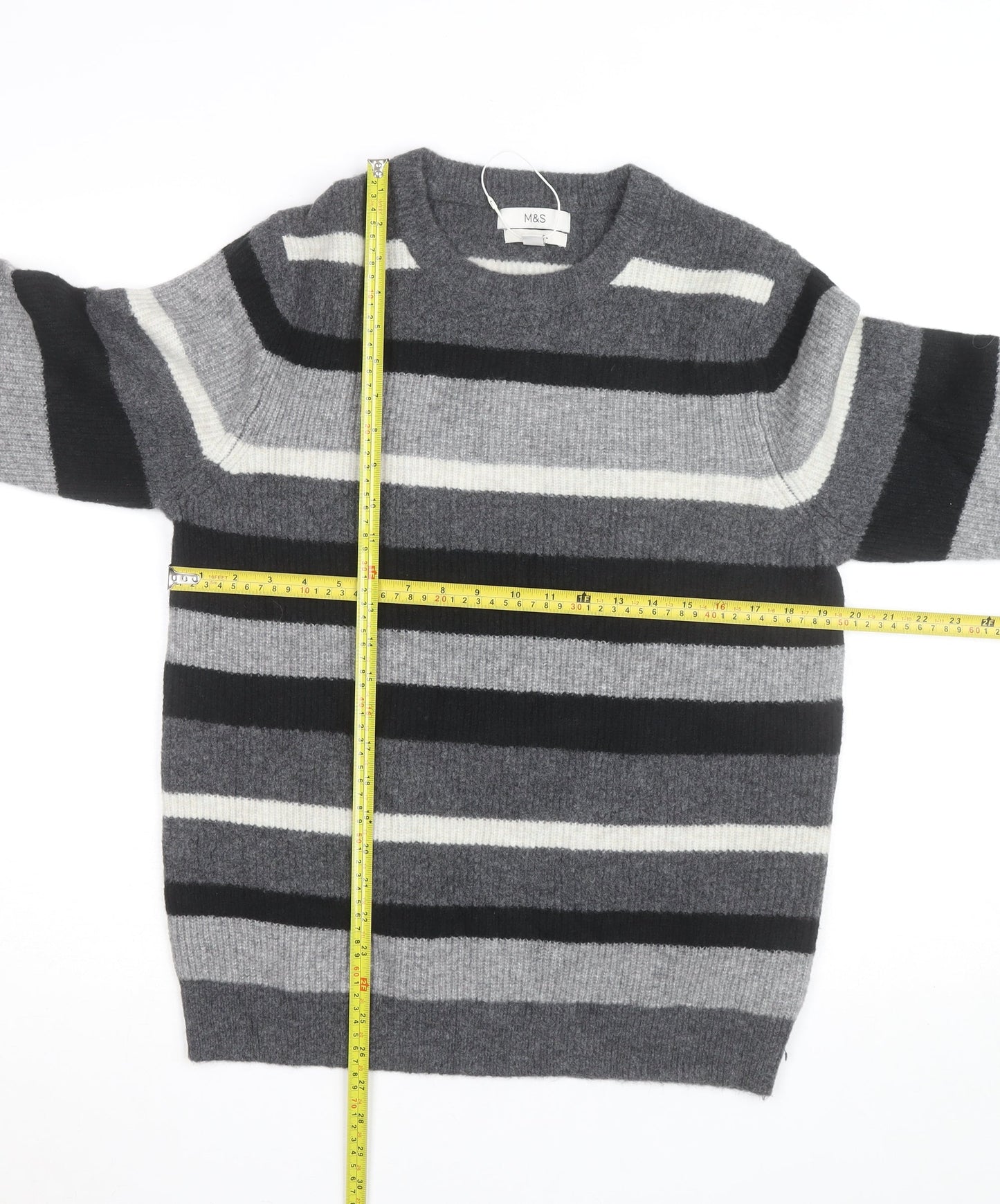 Marks and Spencer Men's Grey Striped Wool Blend Crew Neck Jumper M