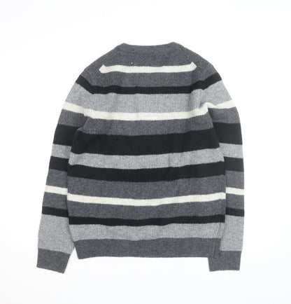 Marks and Spencer Men's Grey Striped Wool Blend Crew Neck Jumper M