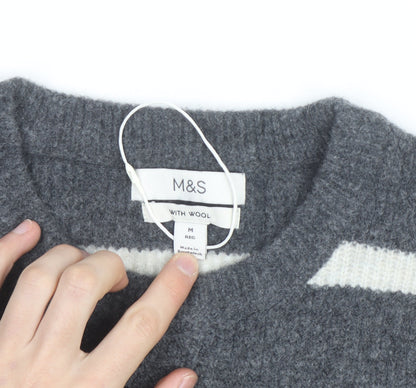 Marks and Spencer Men's Grey Striped Wool Blend Crew Neck Jumper M