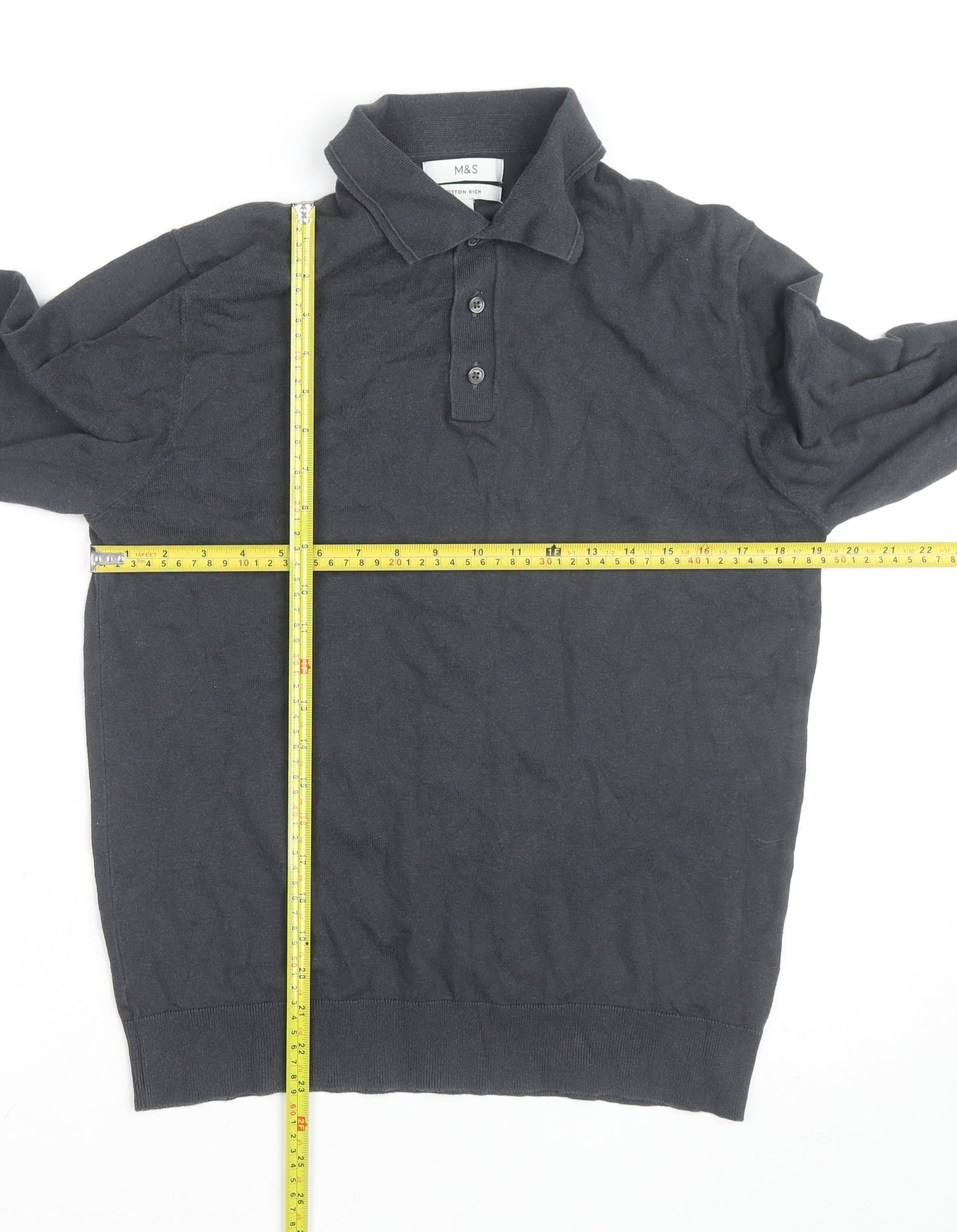Marks and Spencer Men's Black Cotton Blend Long Sleeve Polo Shirt M