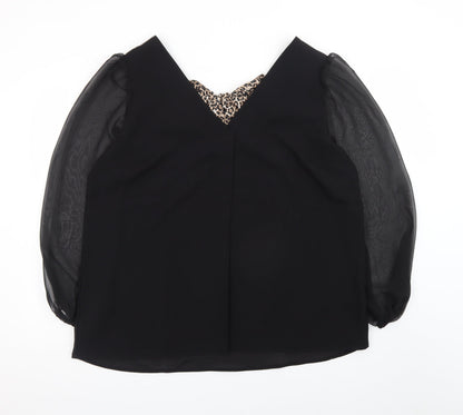 V by Very Women Black Leopard Bow V-Neck Chiffon Long Sleeve Blouse Size 16