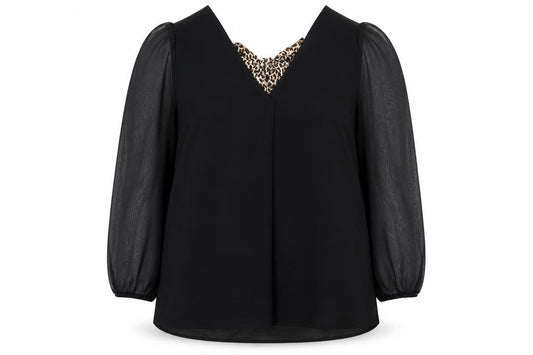 V by Very Women Black Leopard Bow V-Neck Chiffon Long Sleeve Blouse Size 16