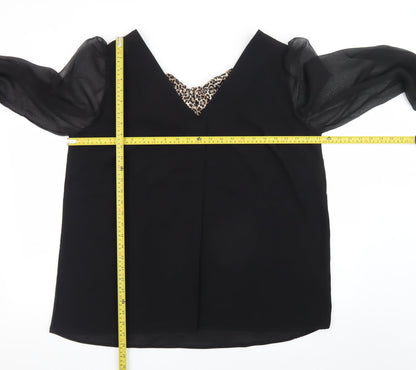 V by Very Women Black Leopard Bow V-Neck Chiffon Long Sleeve Blouse Size 16