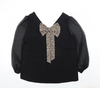V by Very Women Black Leopard Bow V-Neck Chiffon Long Sleeve Blouse Size 16