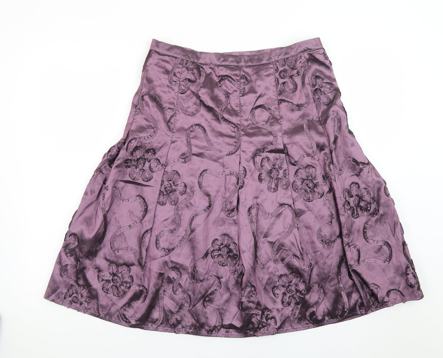 CCDK Women's Purple Satin A-Line Floral Embroidered Skirt Size 10