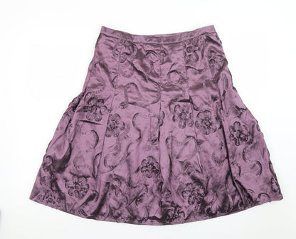 CCDK Women's Purple Satin A-Line Floral Embroidered Skirt Size 10