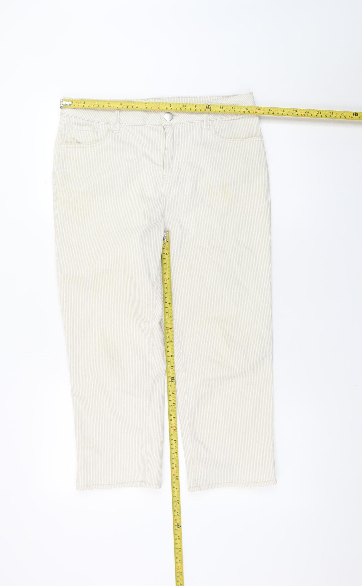 Dunnes Women Beige Striped Cropped Trousers Size 12 Cotton Blend