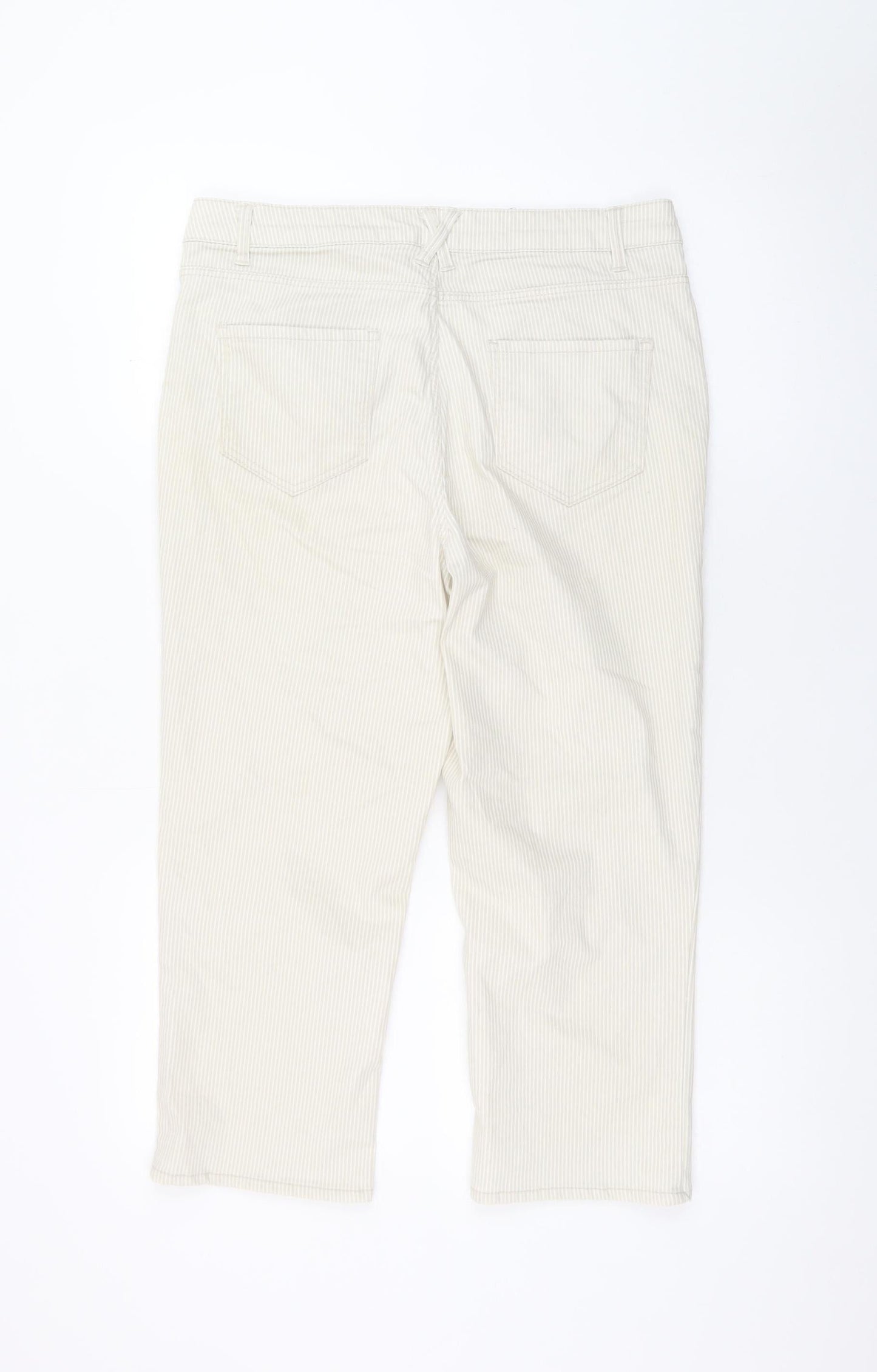 Dunnes Women Beige Striped Cropped Trousers Size 12 Cotton Blend