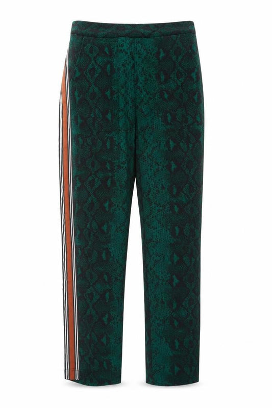 Front view of Only Women's Green Snake Print Jogger Trousers, size 6, Elastic Waist