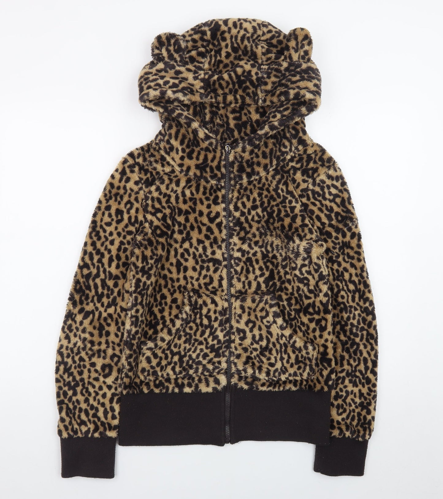 Atmosphere Womens Leopard Print Full Zip Hoodie Size 12 Brown Fleece