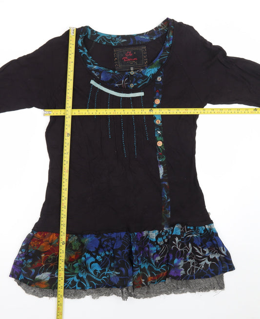Joe Browns Womens Black Floral Shift Dress Size 16 3/4 Sleeve Bohemian Style