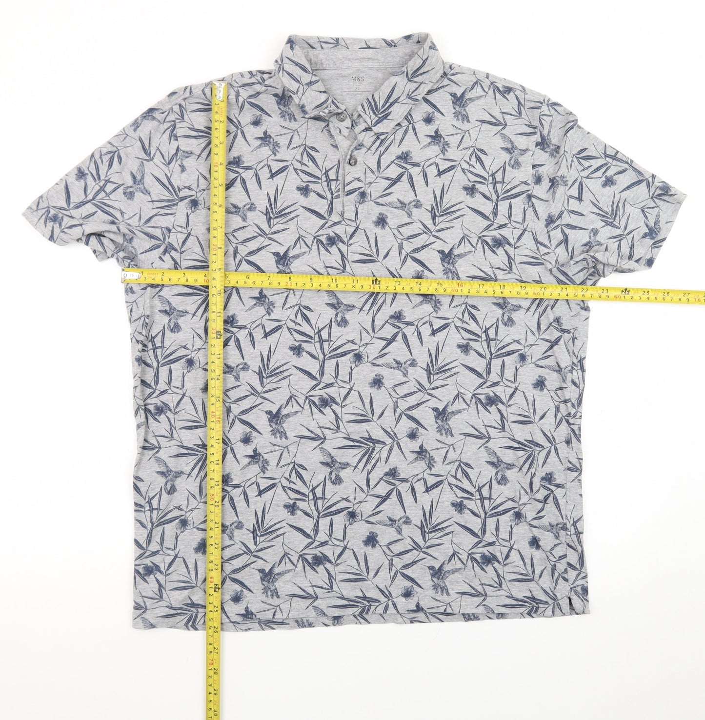 Marks and Spencer Men's Grey Floral Cotton Polo Shirt XL Regular Fit