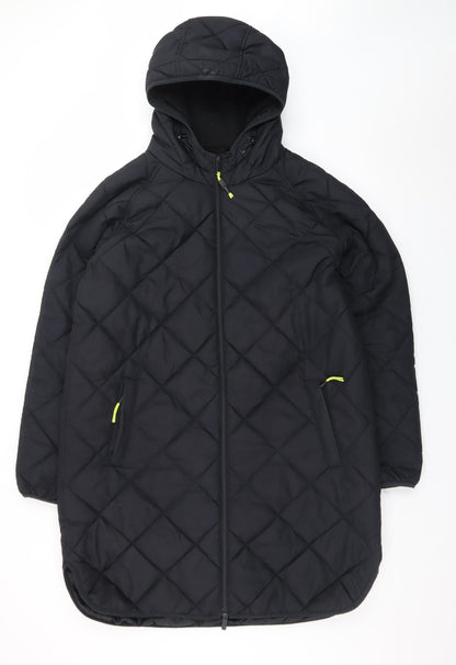Dunnes Men’s Black Quilted Hooded Long Coat Size M Winter