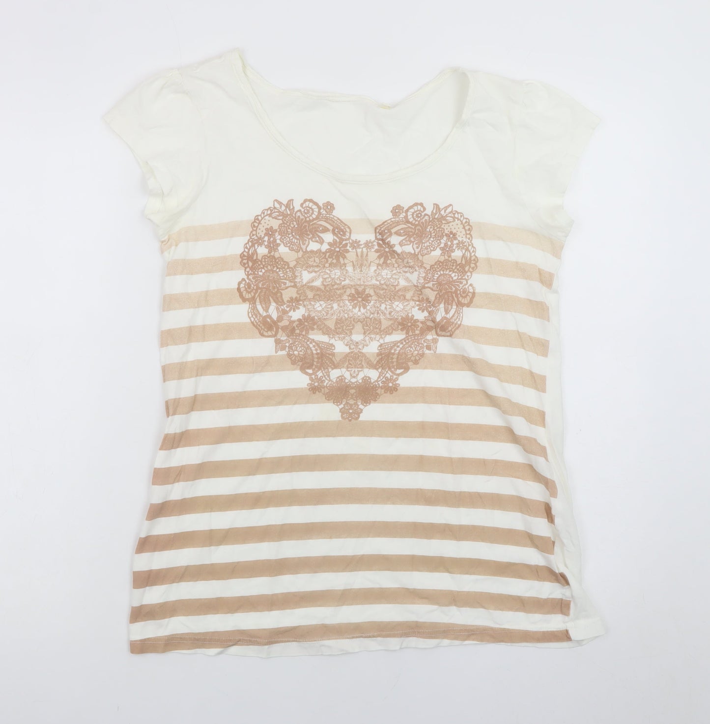 Next Womens Beige Striped Heart Print Cotton T-Shirt Size 12