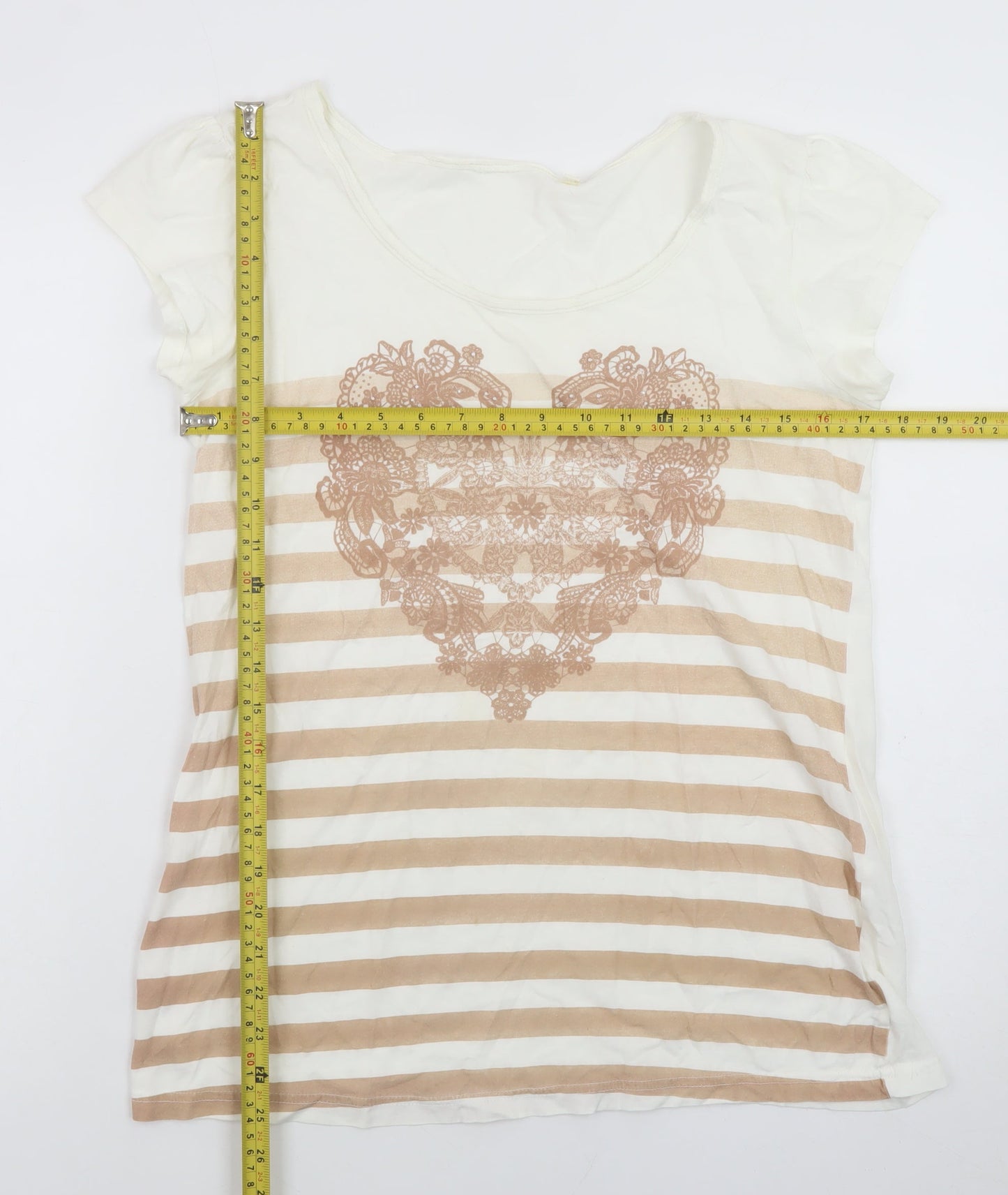 Next Womens Beige Striped Heart Print Cotton T-Shirt Size 12