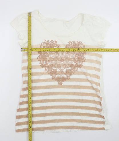 Next Womens Beige Striped Heart Print Cotton T-Shirt Size 12