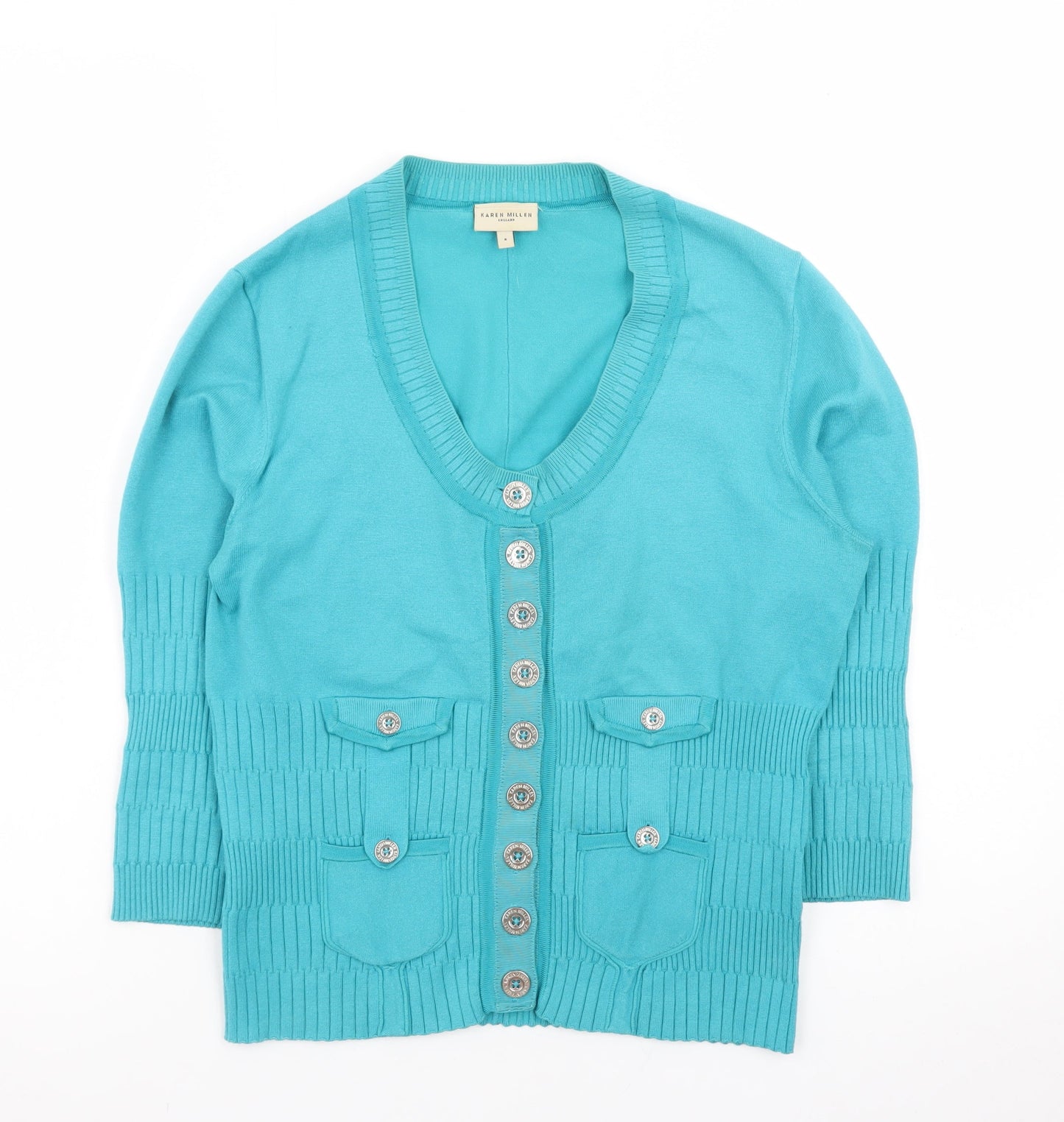 Karen Millen Women's Blue Size 8 Button V-Neck 3/4 Sleeve Cardigan