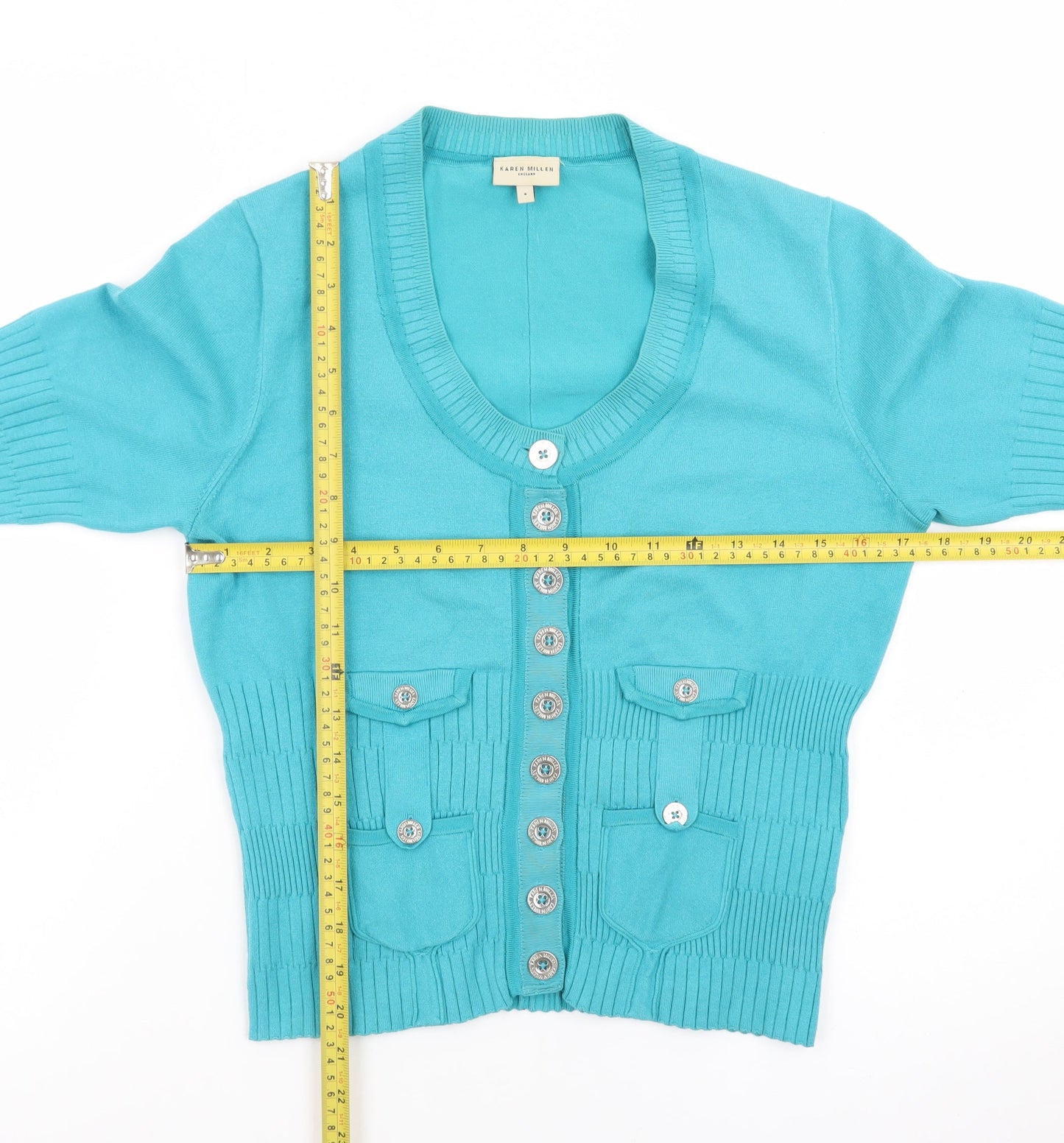 Karen Millen Women's Blue Size 8 Button V-Neck 3/4 Sleeve Cardigan