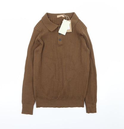 Fashion Men Brown Collared Henley Jumper Size M