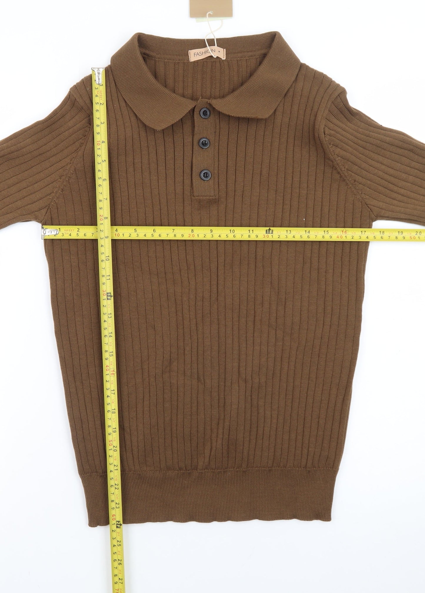 Fashion Men Brown Collared Henley Jumper Size M