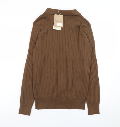 Fashion Men Brown Collared Henley Jumper Size M