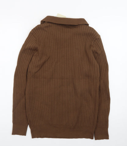 FASHION Men’s Brown Collared Henley Knit Jumper L