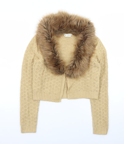 Miss Selfridge Women Beige Faux Fur Trim Cardigan UK 10 Long Sleeve Knit