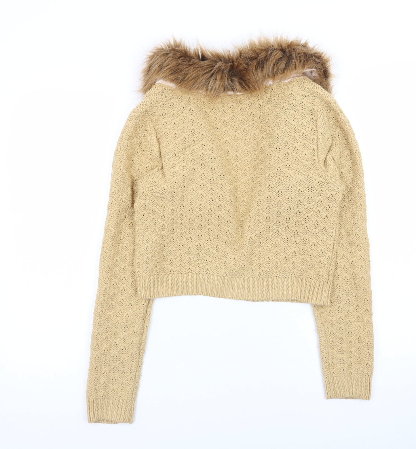 Miss Selfridge Women Beige Faux Fur Trim Cardigan UK 10 Long Sleeve Knit