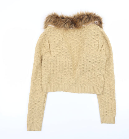 Miss Selfridge Women Beige Faux Fur Trim Cardigan UK 10 Long Sleeve Knit