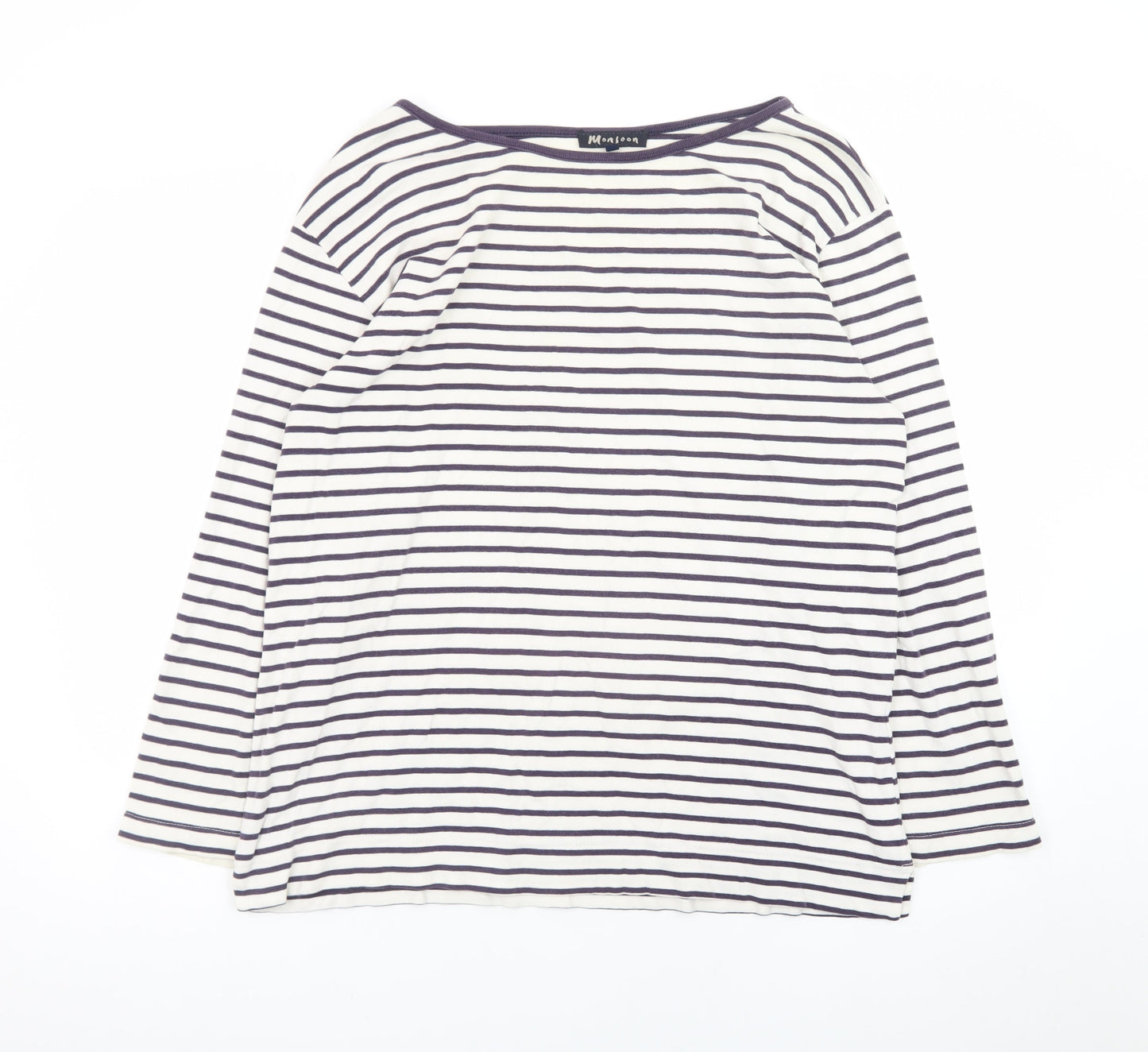 Monsoon Women White Striped Long Sleeve Cotton Boat Neck Top L