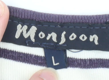 Monsoon Women White Striped Long Sleeve Cotton Boat Neck Top L
