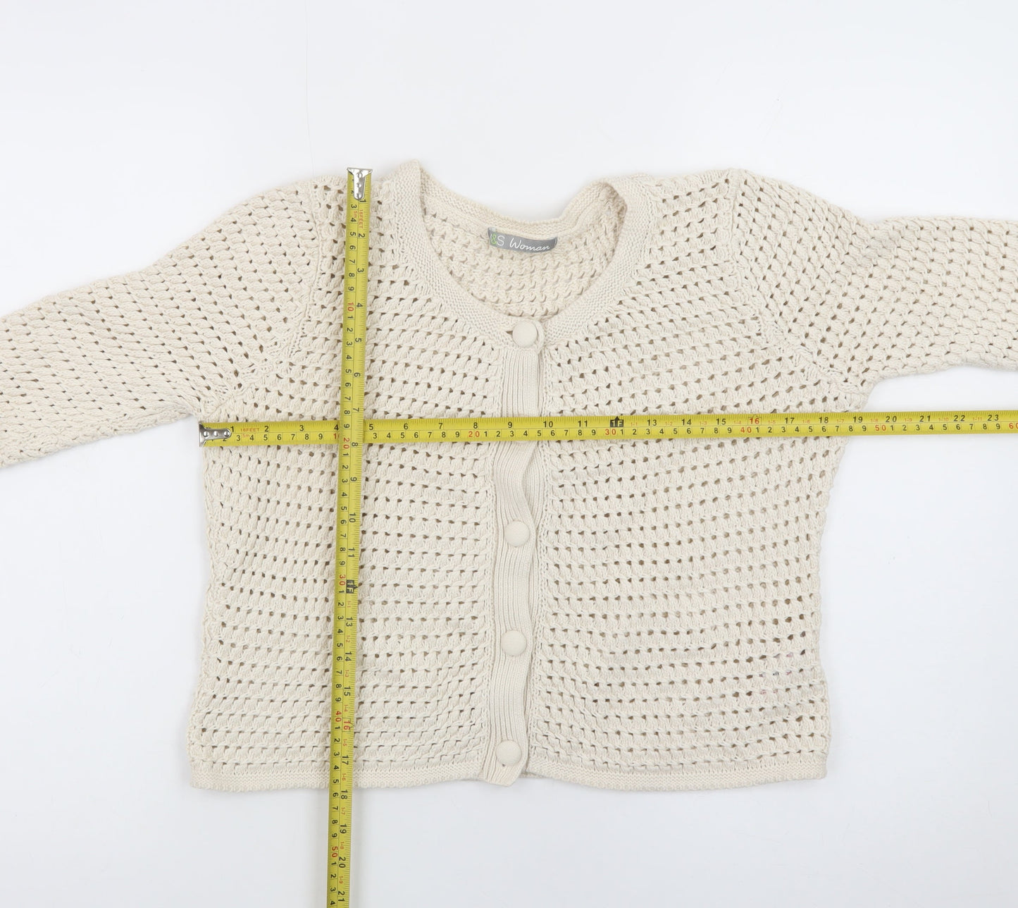 Marks and Spencer Women Beige Cotton Open-Knit Cardigan Size 14