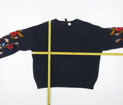 H&M Divided Women's Black Floral Embroidered Cotton Jumper Size 8