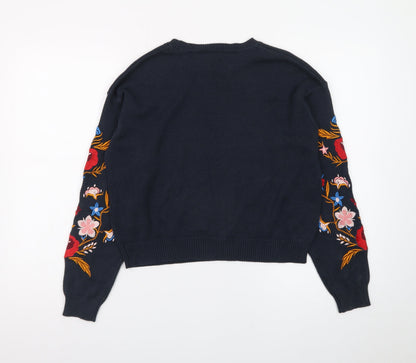 H&M Divided Women's Black Floral Embroidered Cotton Jumper Size 8