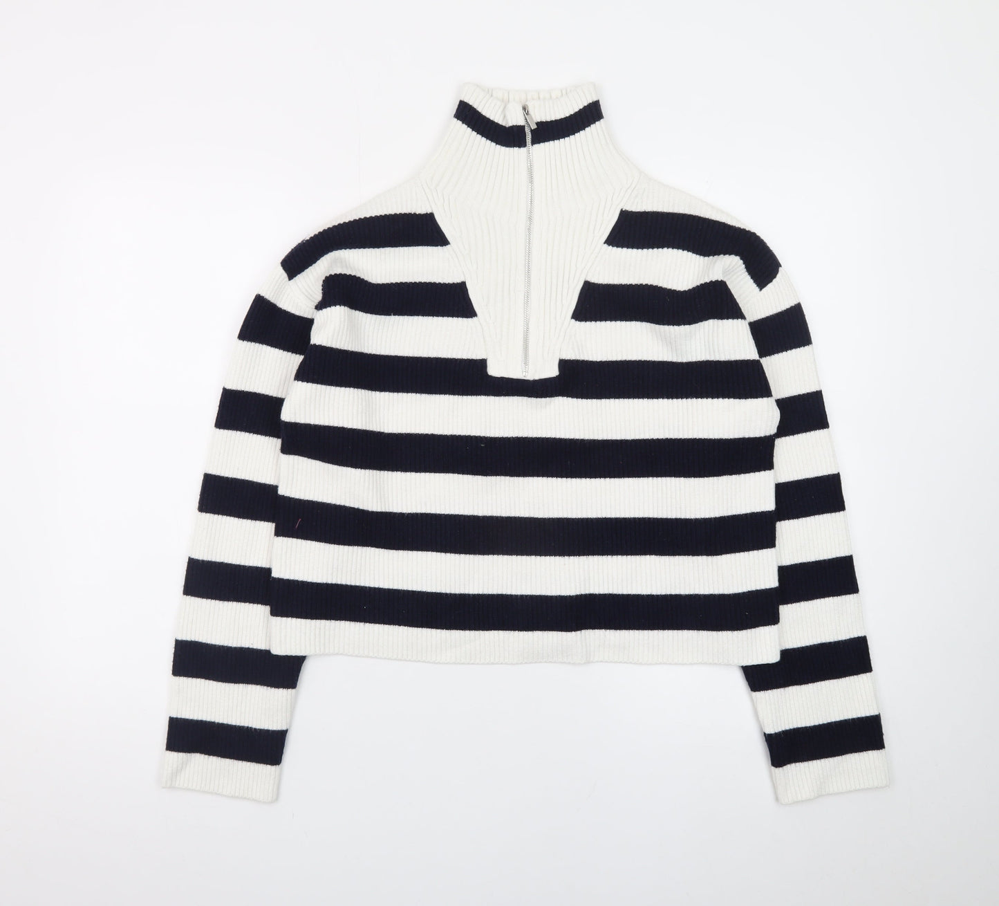 MNG Women's Black & White Striped High Neck Zip Jumper Size L