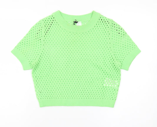 H&M Divided Women Green Open Knit Short Sleeve Jumper Size 8
