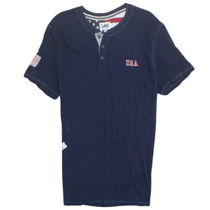 Lee Men's Blue USA Henley Polo Shirt XL Cotton Short Sleeve