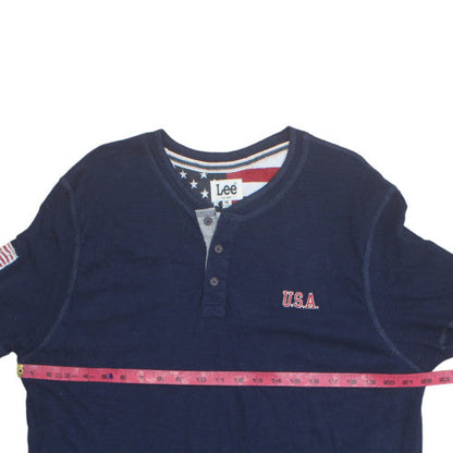 Lee Men's Blue USA Henley Polo Shirt XL Cotton Short Sleeve
