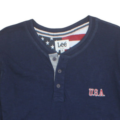 Lee Men's Blue USA Henley Polo Shirt XL Cotton Short Sleeve