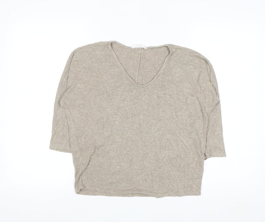 MNG Women's Beige V-Neck 3/4 Sleeve Pullover Jumper XS