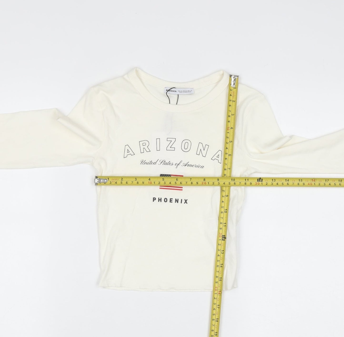 Bershka Women Ivory Cropped Long Sleeve Arizona T-Shirt XS