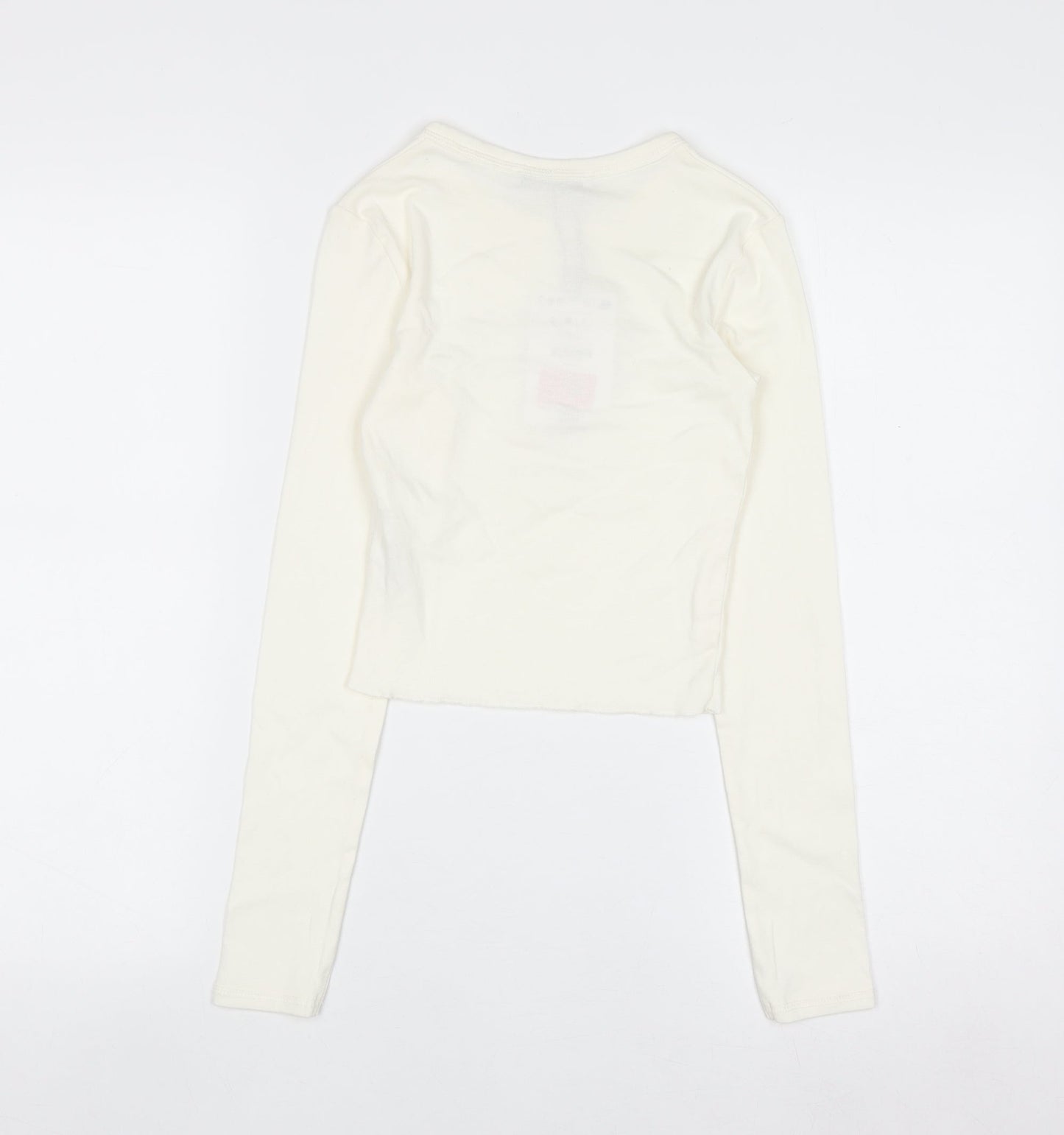 Bershka Women Ivory Cropped Long Sleeve Arizona T-Shirt XS