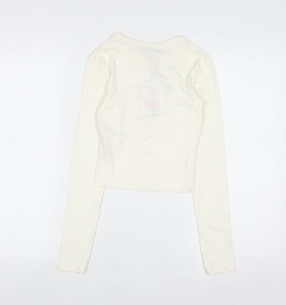 Bershka Women Ivory Cropped Long Sleeve Arizona T-Shirt XS