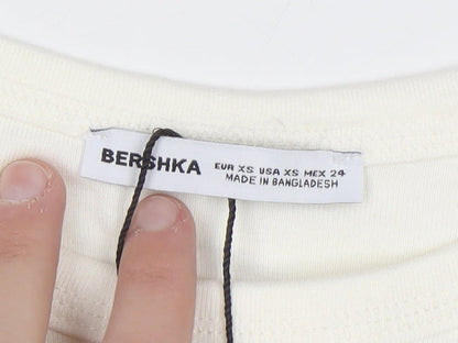 Bershka Women Ivory Cropped Long Sleeve Arizona T-Shirt XS