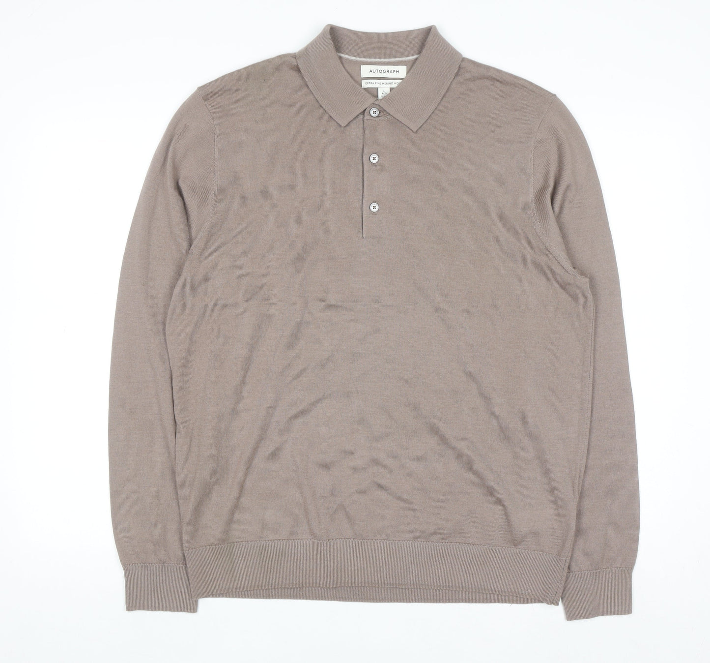 Marks and Spencer Men Beige Merino Wool Henley Jumper L